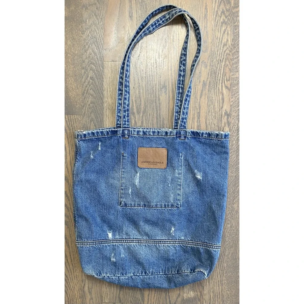 American Eagle Denim Distressed Tote Bag Blue White Logo Spell Out